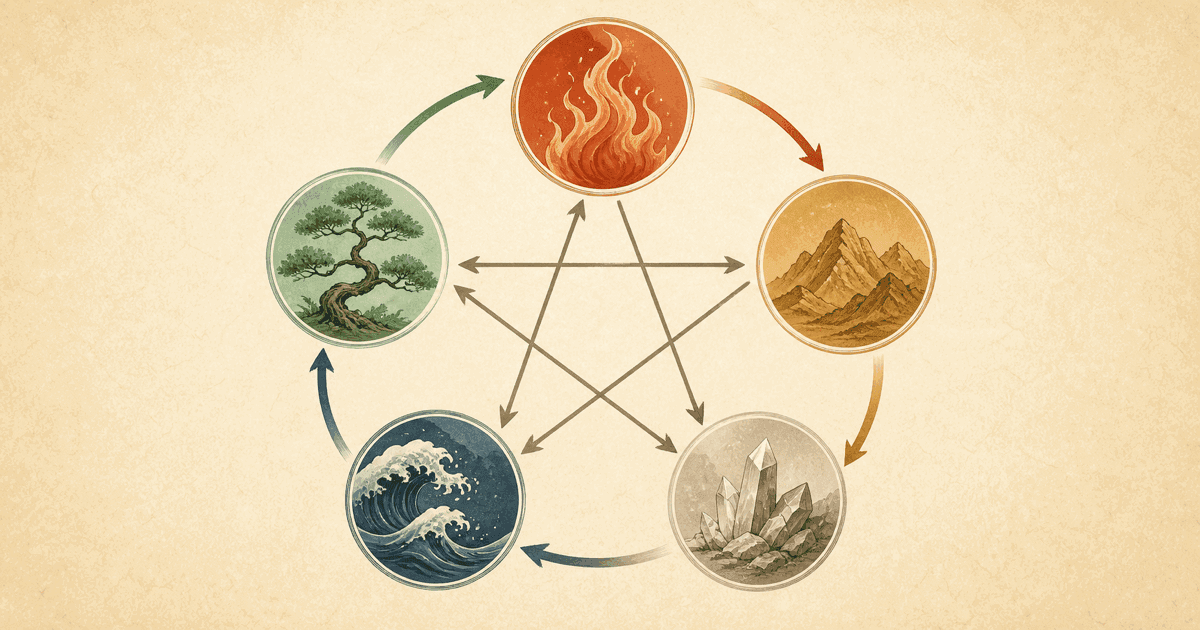 Five natural element motifs connected by an outer generating cycle and an inner controlling network