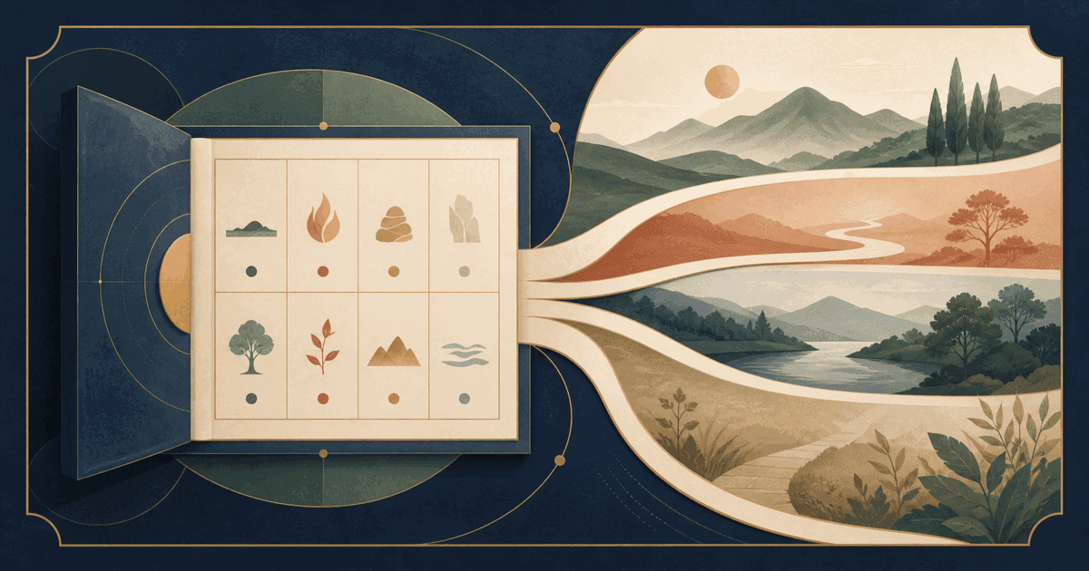 Four Pillars chart opening toward several reflective landscape paths rather than one fixed future