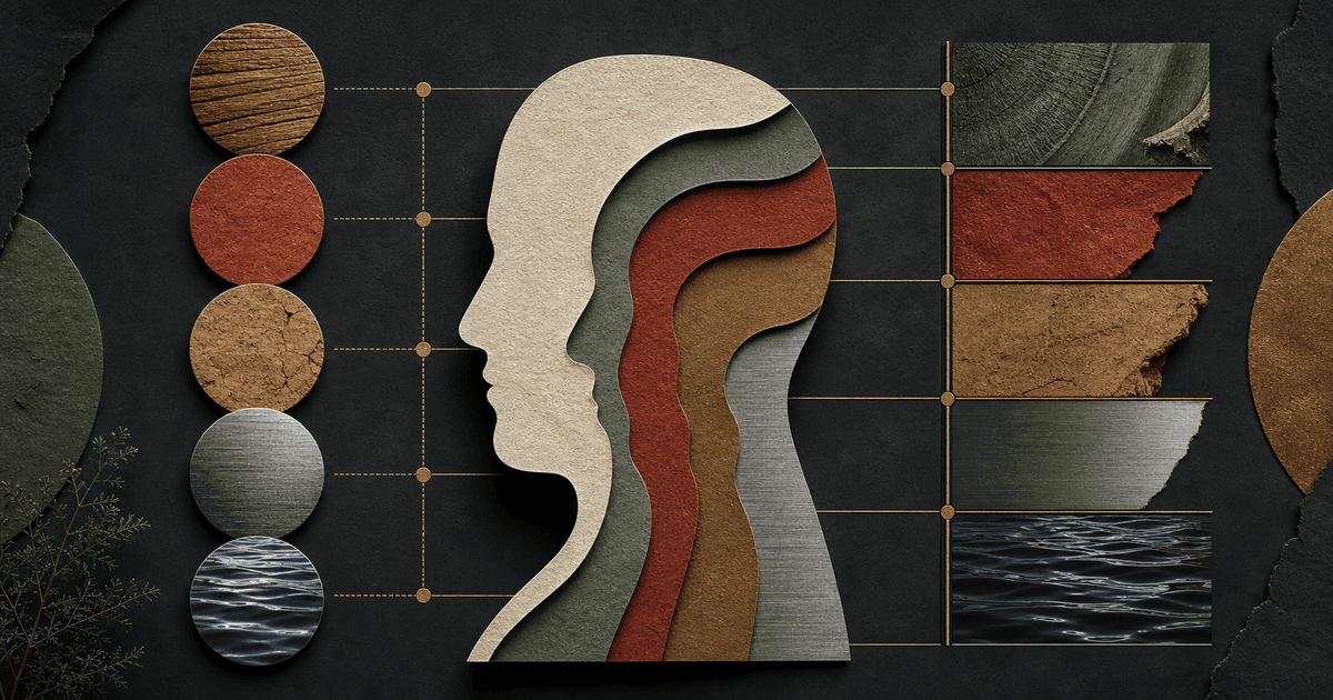 Thoughtful portrait silhouette beside a Four Pillars chart and five elemental textures, showing reflection rather than a personality diagnosis