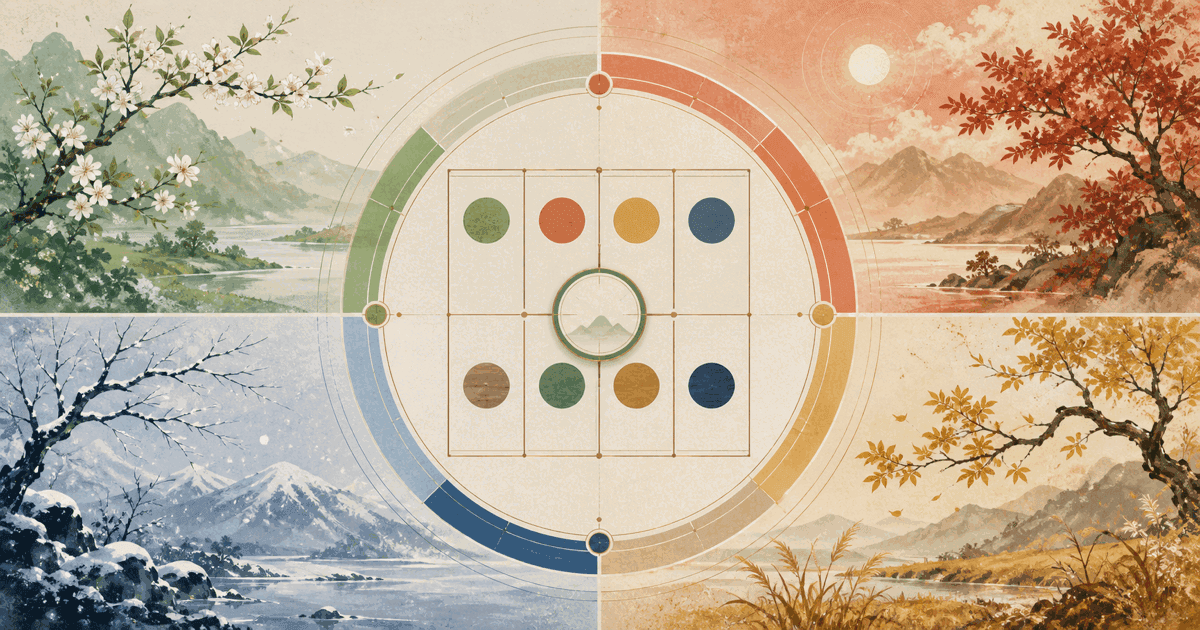 Four Pillars chart centered within four seasonal landscapes for a guide to BaZi seasonal strength