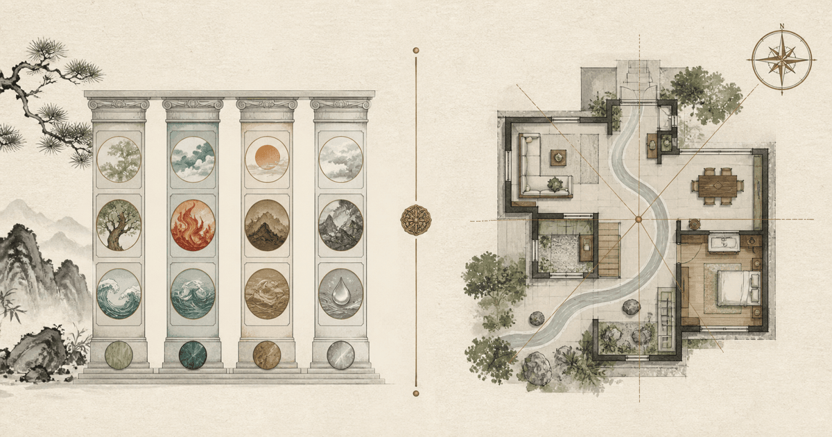 Editorial comparison of Four Pillars columns and an oriented home floor plan for BaZi versus Feng Shui