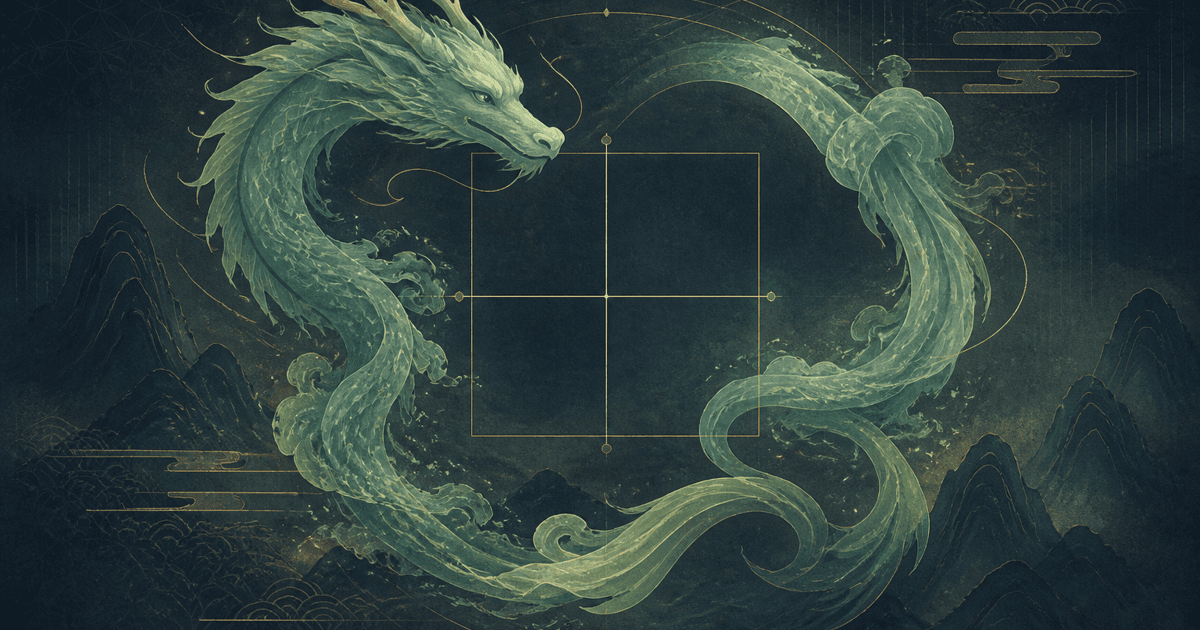 Jade dragon current surrounding a Four Pillars grid for a careful Dragon Virtue BaZi guide