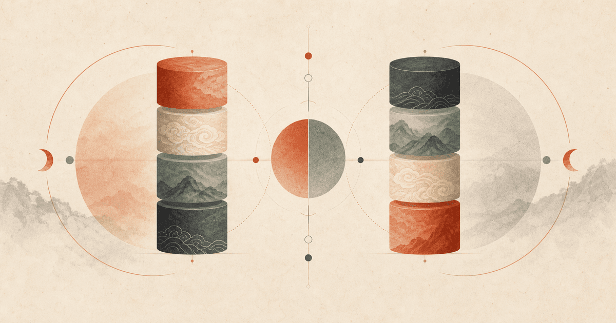 Fan Yin BaZi guide with two opposing mirrored pillar stacks around a balanced center