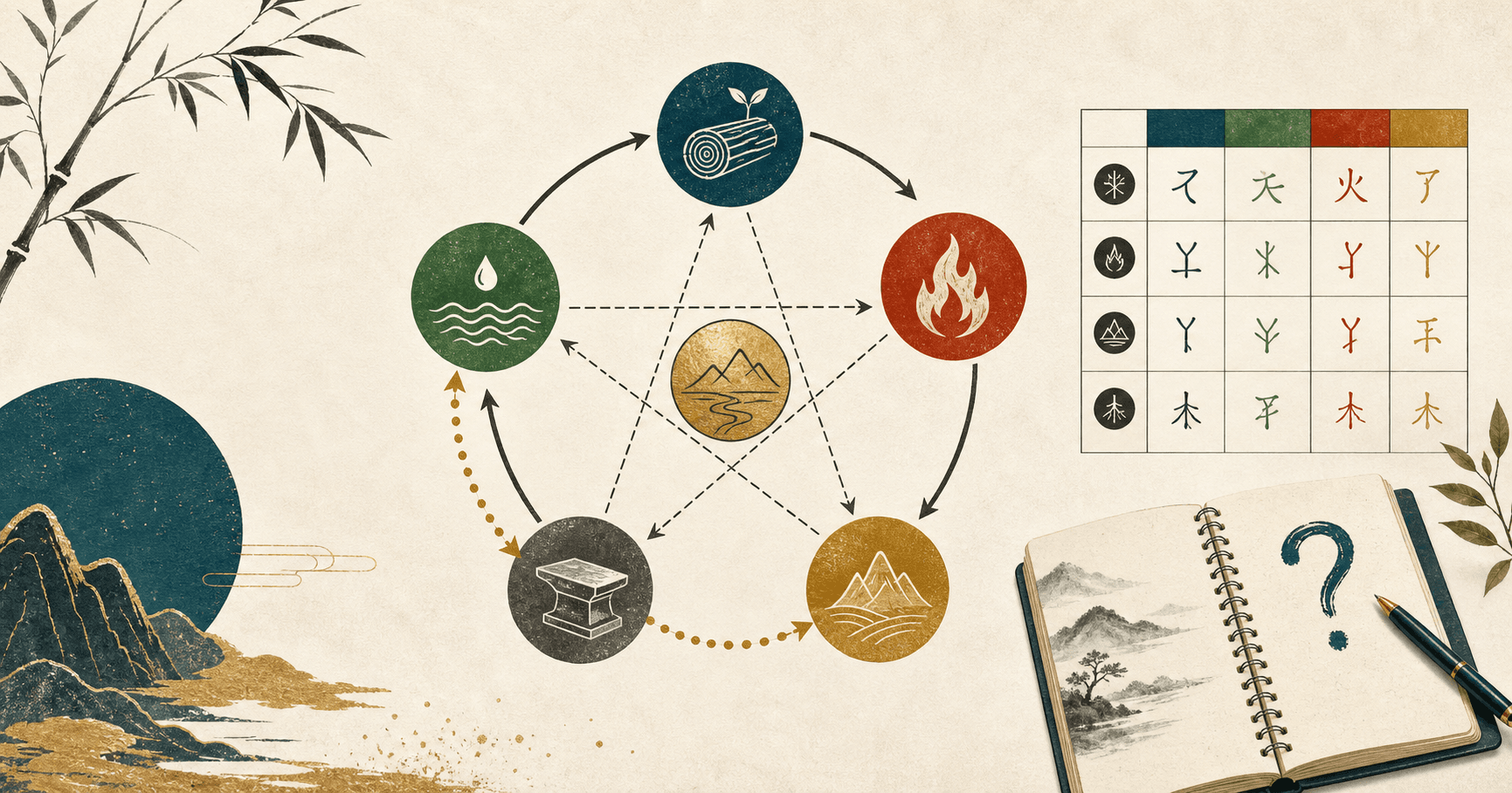 BaZi Five Elements relationship diagram beside a Four Pillars chart grid and a reflection notebook for an Indirect Resource guide