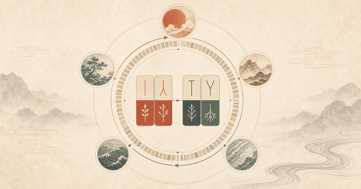 Na Yin BaZi guide with four paired pillar tiles inside a sixty-step elemental cycle