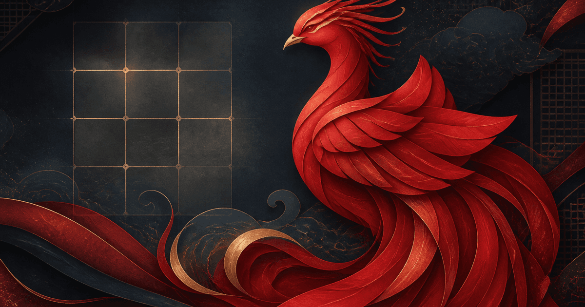 Layered red phoenix beside a Four Pillars grid for a responsible Hong Luan BaZi guide