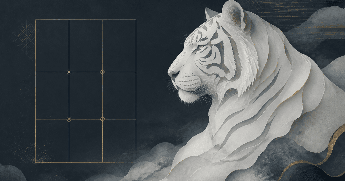 Calm layered-paper white tiger beside a Four Pillars grid for a non-alarmist BaZi guide