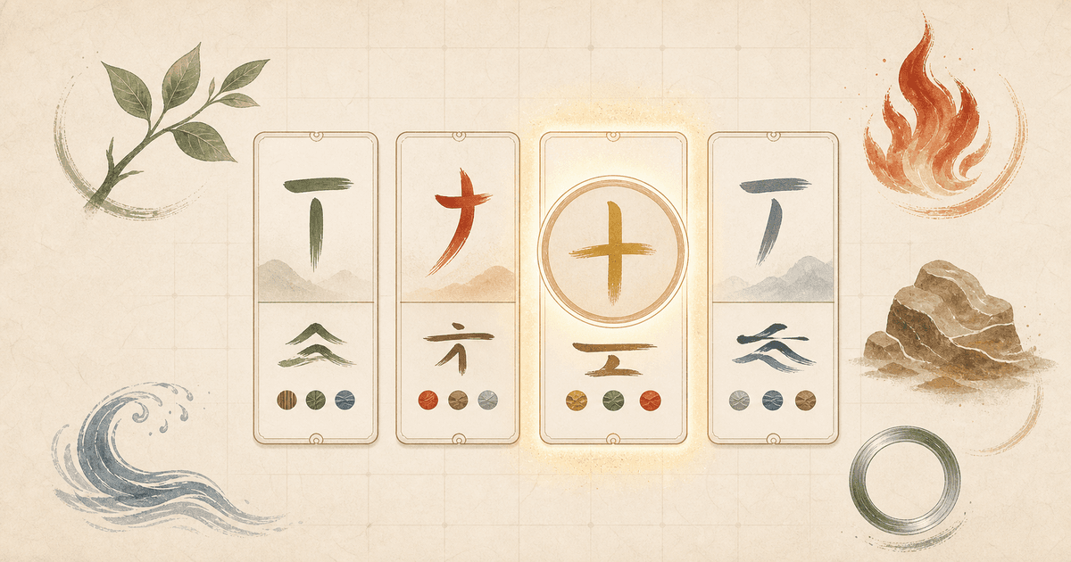 BaZi chart guide showing the Day Master, Four Pillars, hidden stems, and Five Elements needed to answer what is my BaZi element