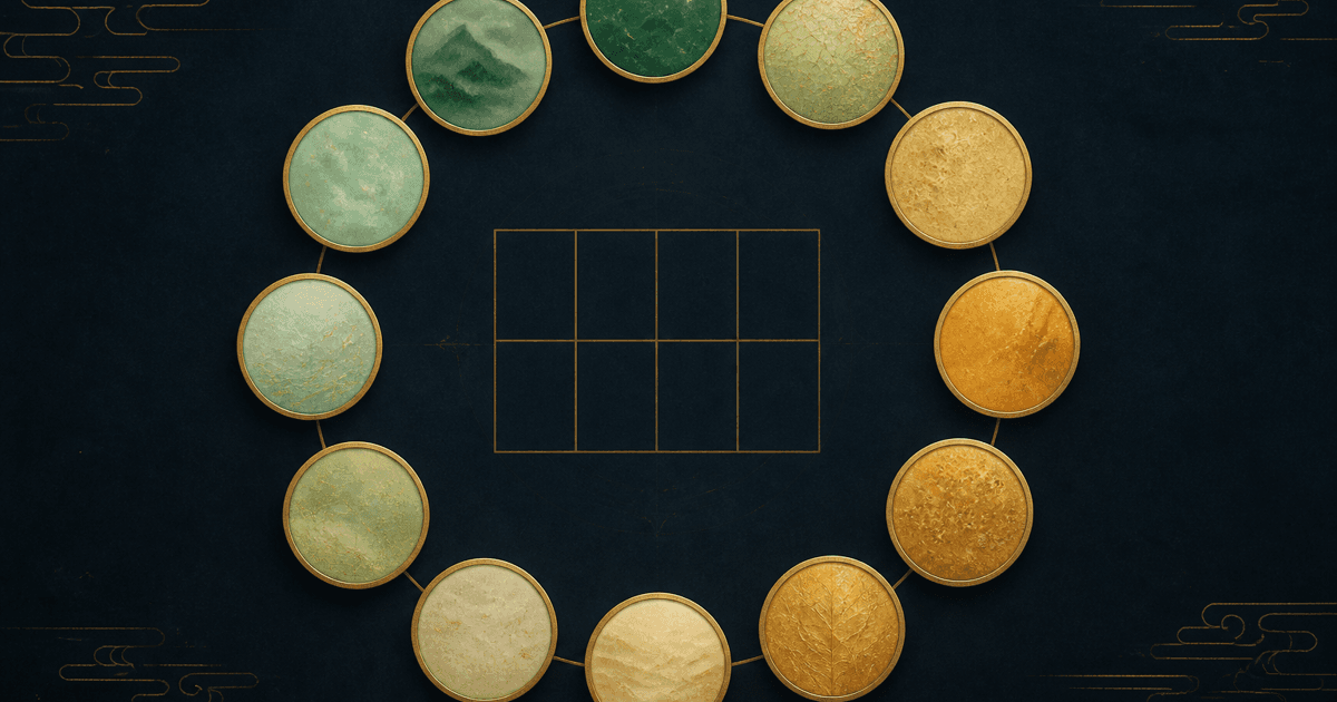 Twelve distinct jade and gold phase medallions surrounding a Four Pillars chart grid