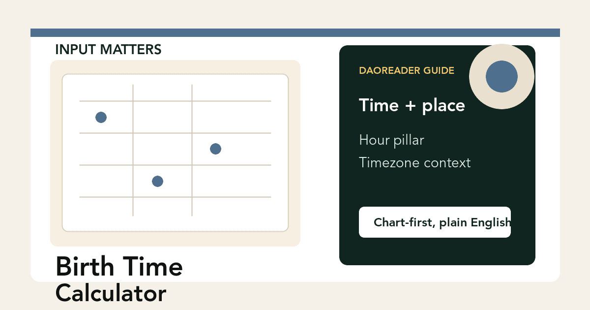 BaZi calculator birth time guide showing birth date, time, birthplace, hour pillar, and time-zone context