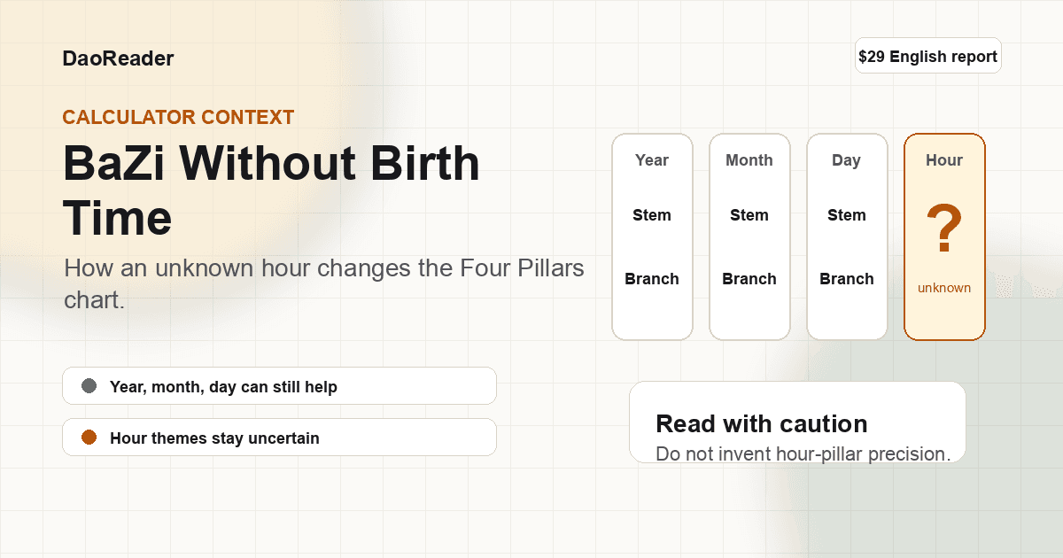Four Pillars chart with an unknown hour pillar marked for cautious BaZi interpretation