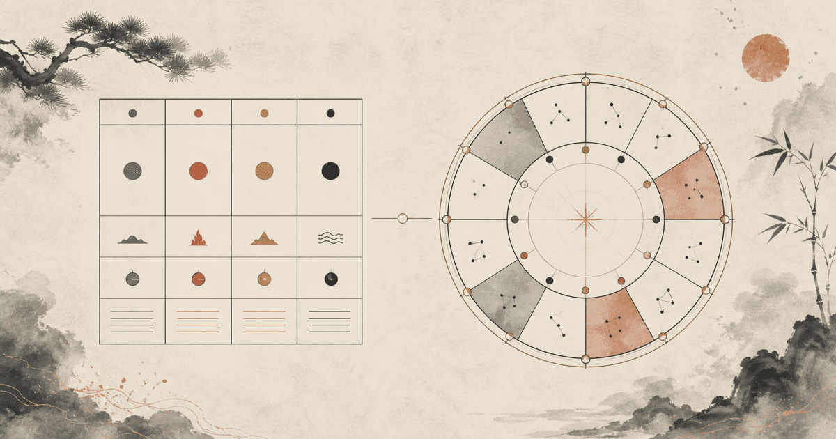 Editorial comparison of a Four Pillars BaZi grid and a circular Zi Wei Dou Shu palace chart