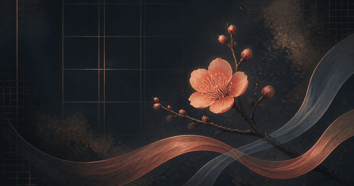 Plum blossom and paired ribbons beside a Four Pillars grid for Flower of Romance in BaZi