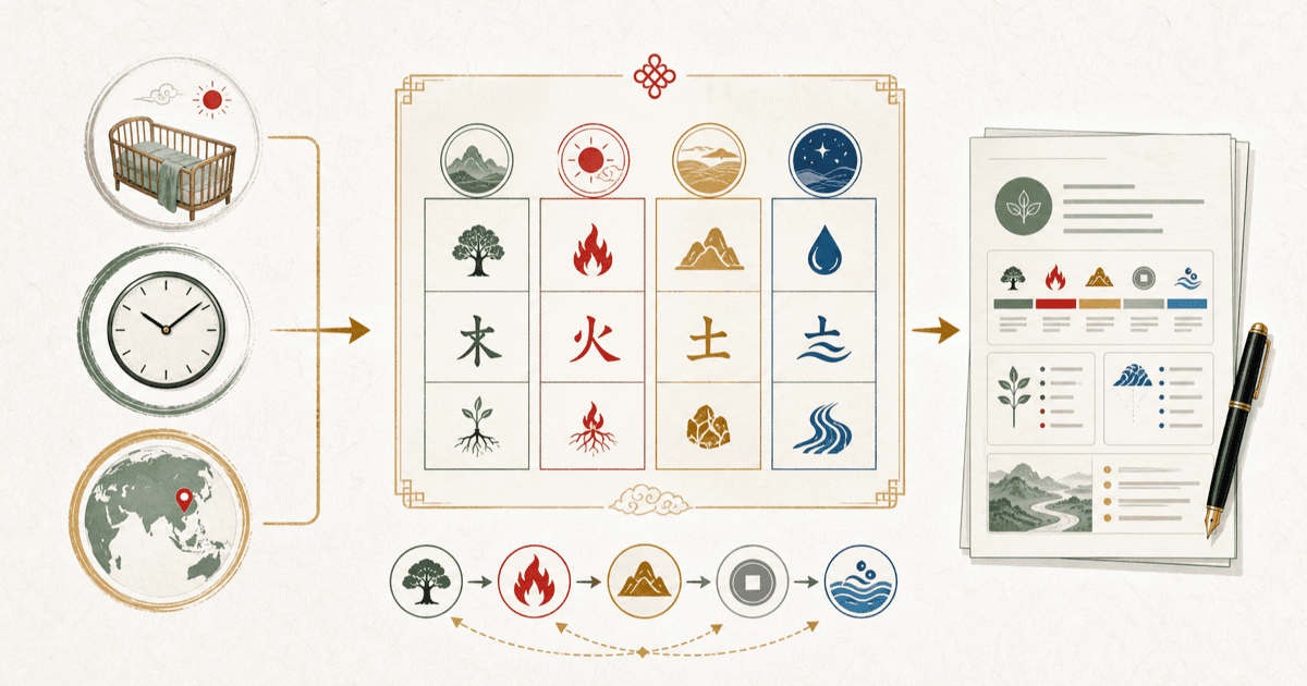 How BaZi works from birth date, time, and birthplace through a Four Pillars chart to a contextual English report