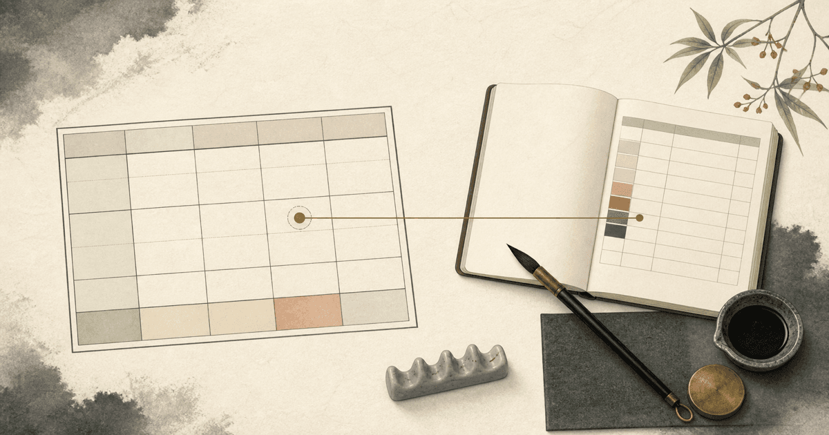 Four Pillars chart marker connected to a notebook and ink brush for a Star of Arts BaZi guide
