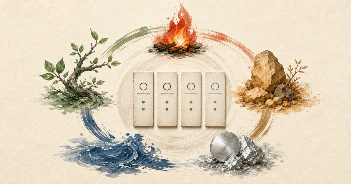 Five BaZi element motifs surrounding four pillar tiles: Wood, Fire, Earth, Metal, and Water